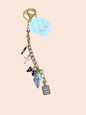 Gold Chain Flower Charm Keychain with White Rose and Mixed Charms